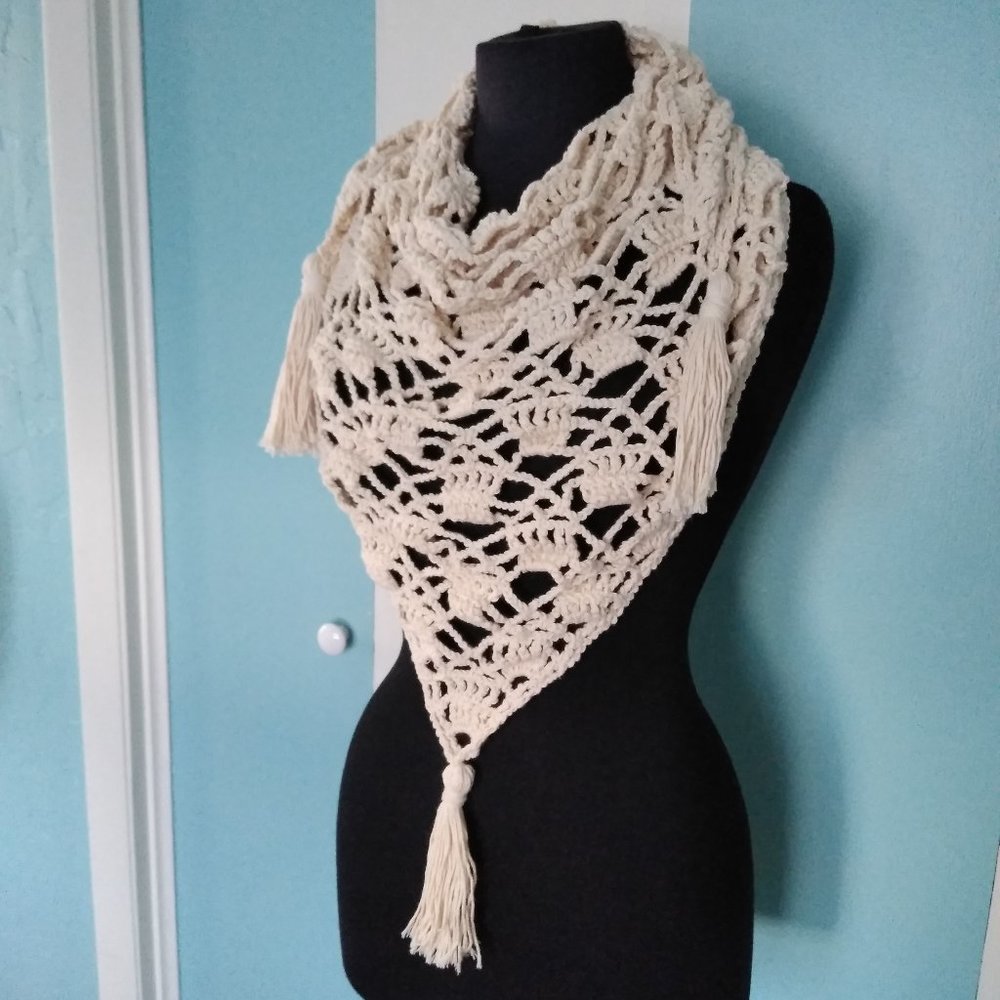 Handmade Crochet Crème Ivory Scarf w/Tassels - Picture 5 of 7